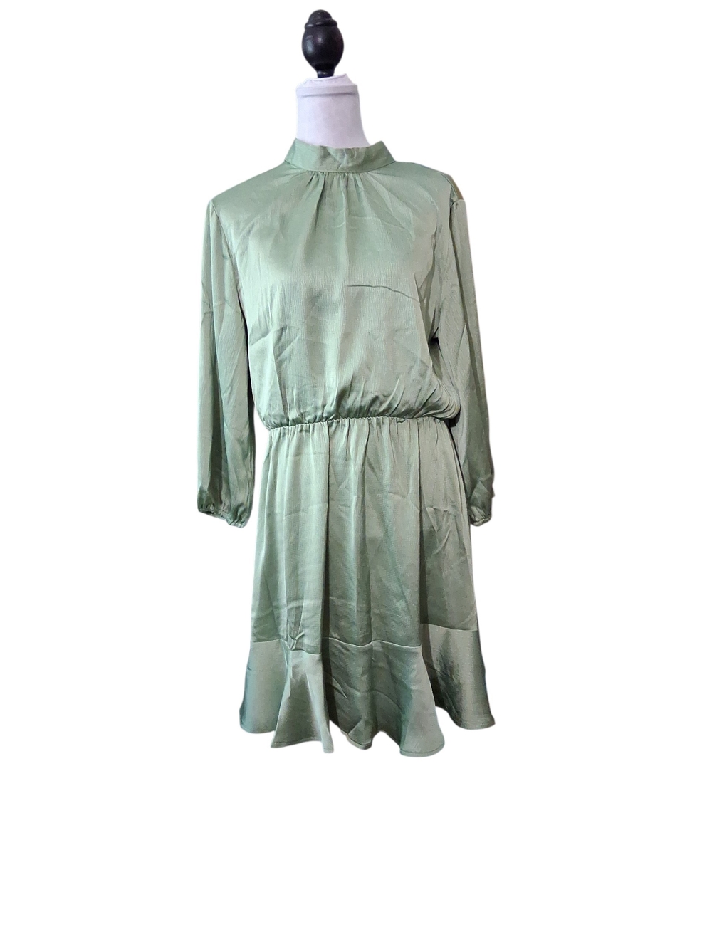 Sage Green Long-Sleeve Satin Look Dress With Ruffled Hem L